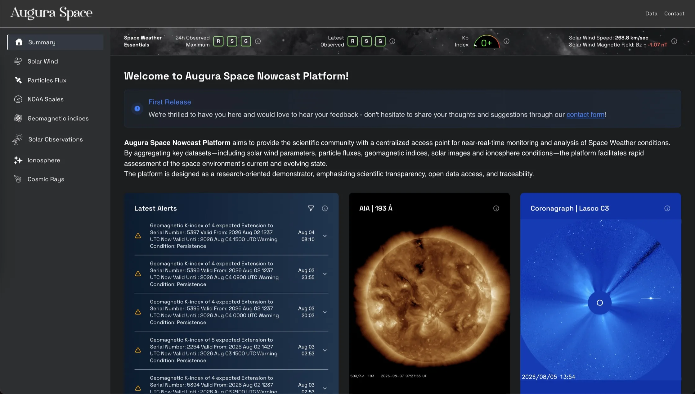 Nowcast Platform overview: space weather indicators, alerts and solar imagery